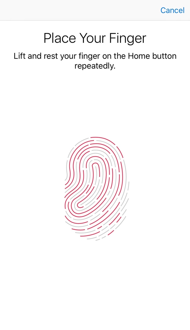 Touch ID setup screen with instructions for capturing fingerprints.
