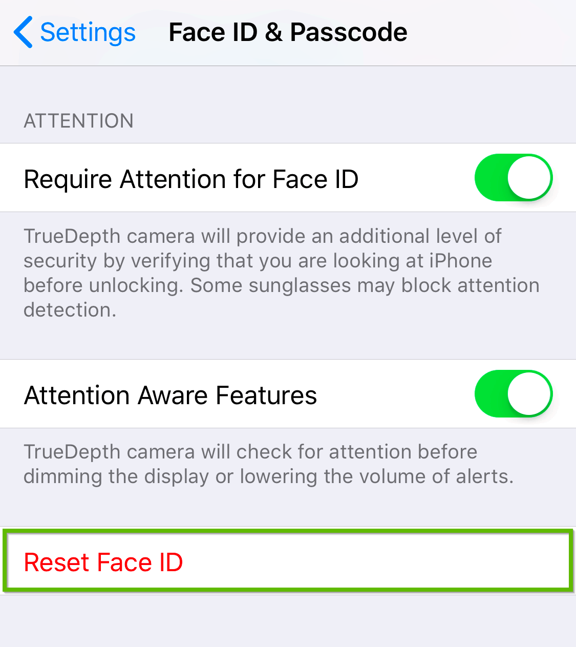 Face ID and passcode screen highlighting reset face ID.