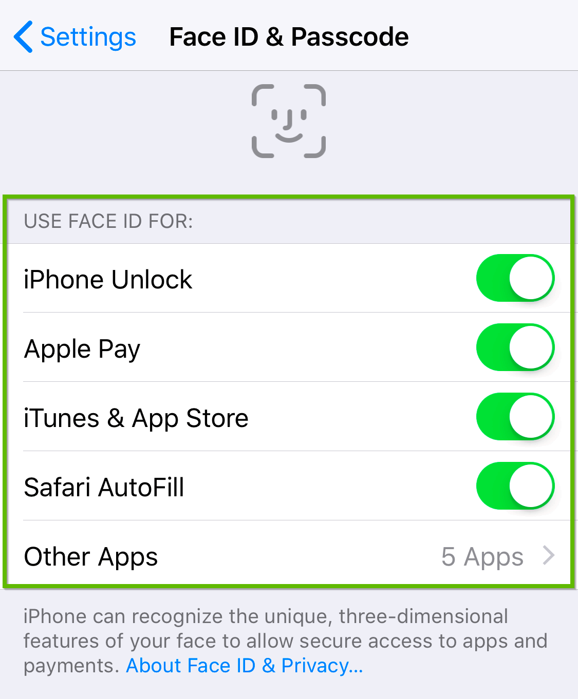 Face ID and passcode screen highlighting available Face ID options.