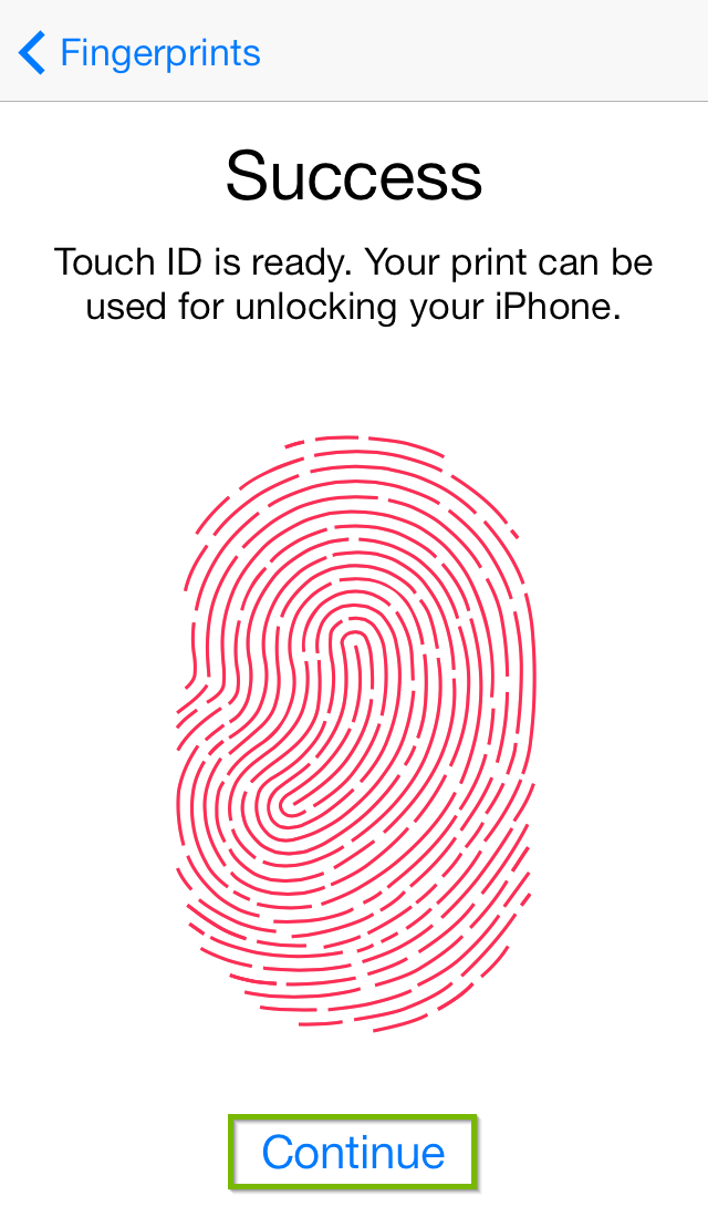 Touch ID setup successful screen with Continue highlighted.