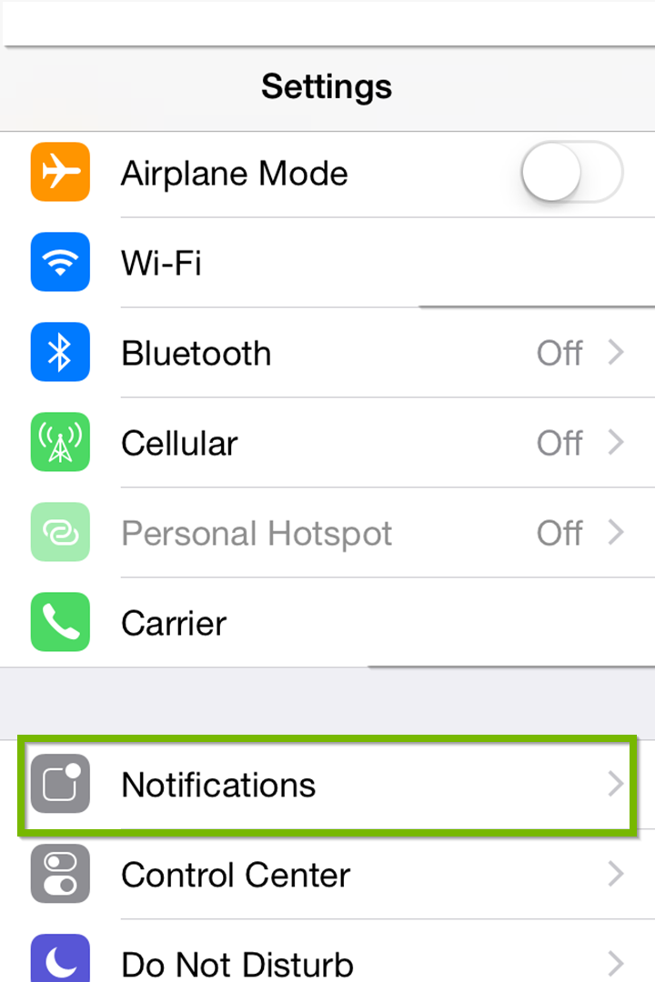 settings with notifications highlighted