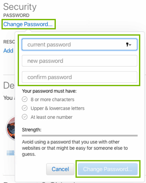 AppleID website with change password area highlighted