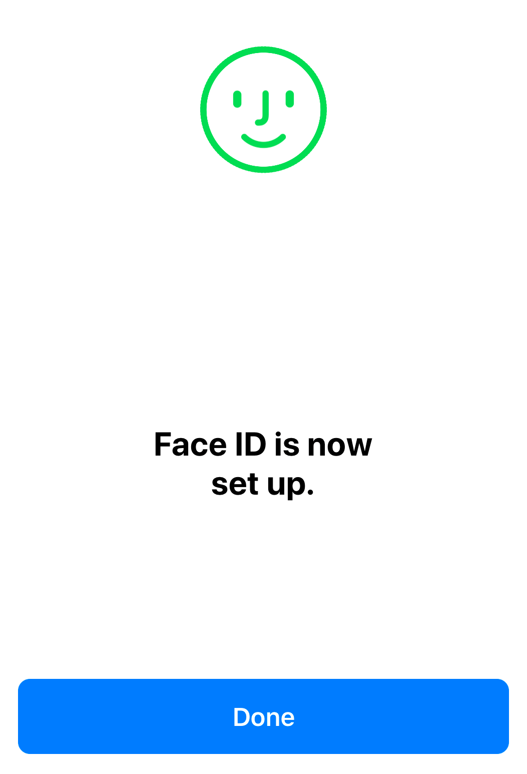 Face ID setup complete screen displaying a done button.