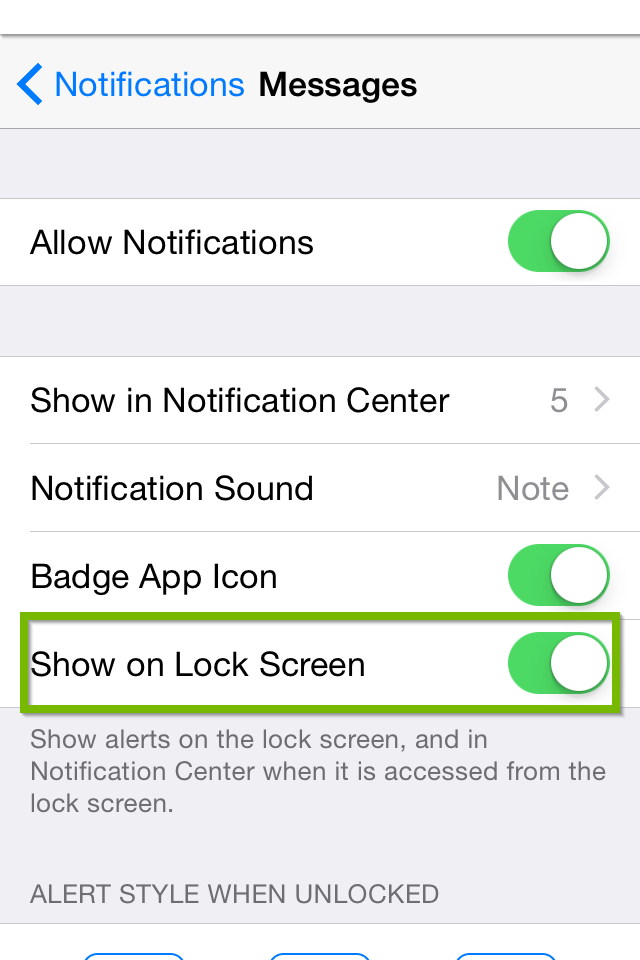 notification settings with show on lock screen switch highlighted