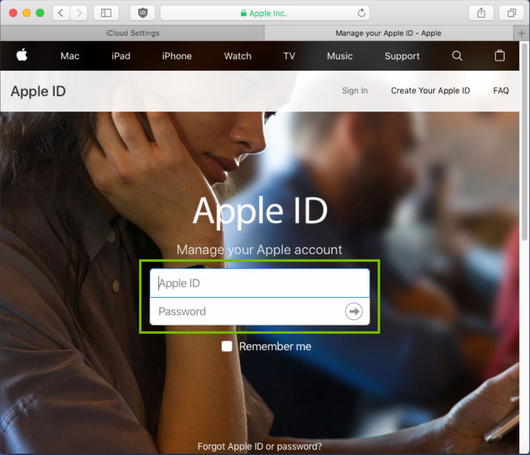 AppleID webpage with ID and Password area highlighted