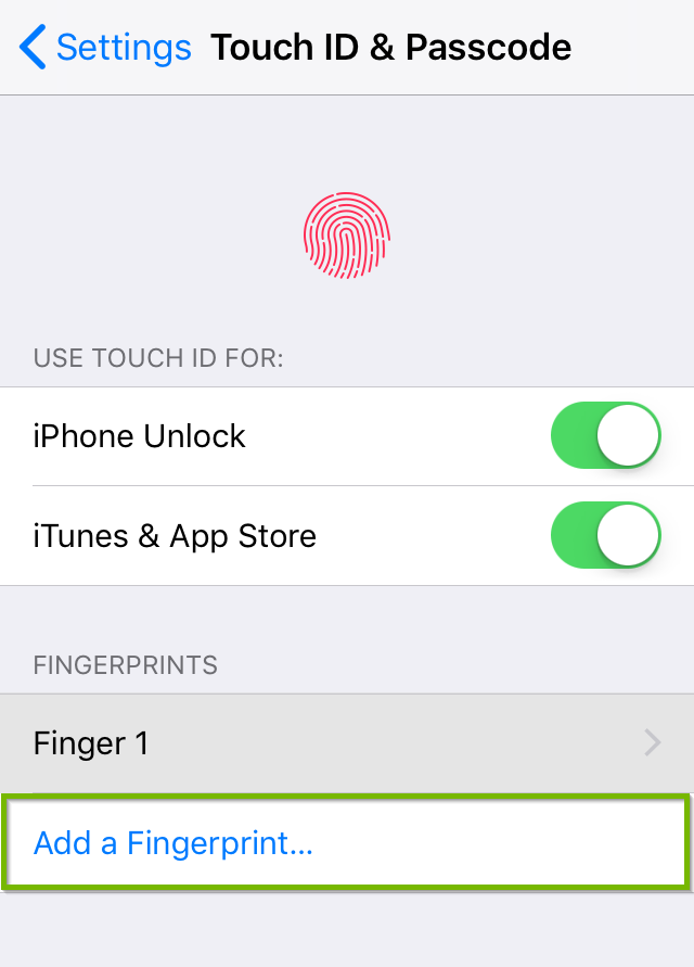 Touch ID and passcode screen highlighting the add a fingerprint option.