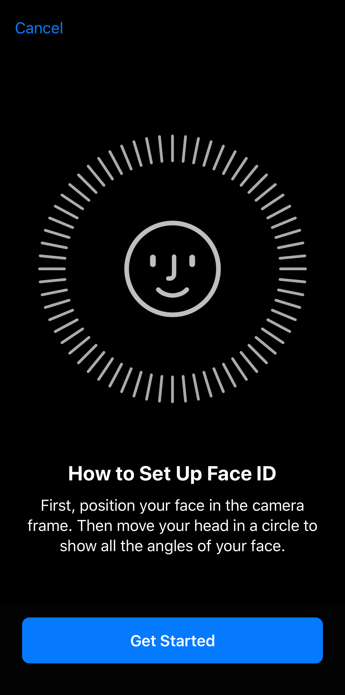 Face ID setup screen displaying setup overview and get started button.