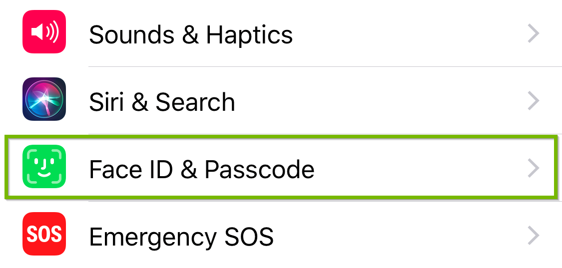 Settings screen highlighting Face ID and passcode option.