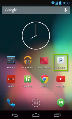 Android home screen highlighting the Pandora app.