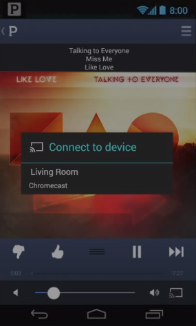 Pandora app cast screen displaying a list of available devices to cast to.