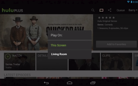 Hulu app cast screen displaying a list of available devices to cast to.