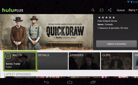 Hulu app highlighting a show being selected to watch.
