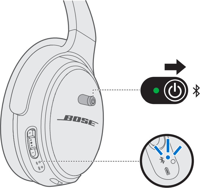 Diagram indicating to switch the power switch to the far right for bluetooth and the bluetooth light flashing.