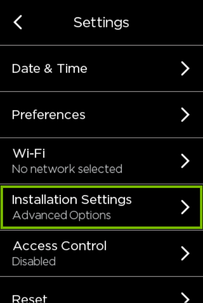 Installation Settings highlighted in ecobee settings.