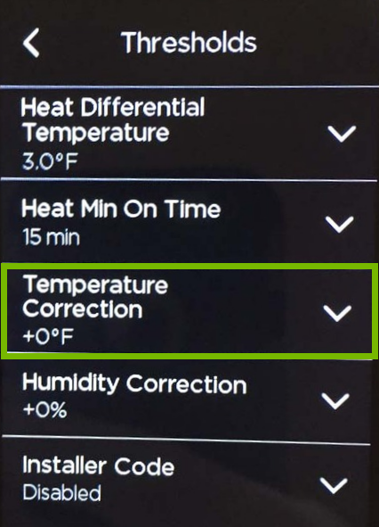 Temperature Correction option highlighted in ecobee settings.