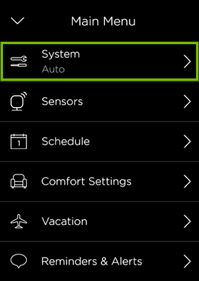 System option highlighted in ecobee menu.
