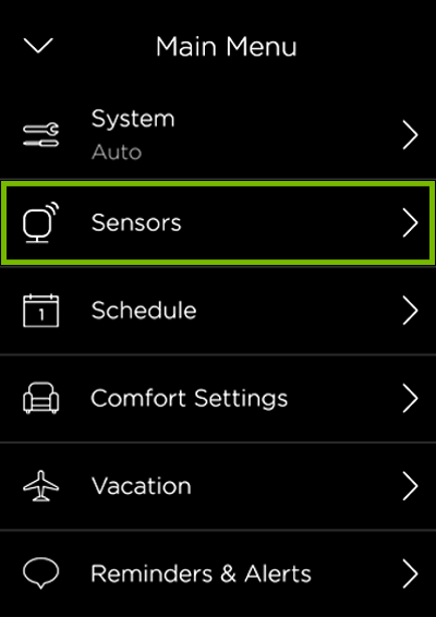 Sensors option highlighted in ecobee menu.