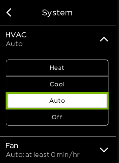 Auto option highlighted in ecobee HVAC settings.