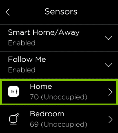 Thermostat sensor highlighted in ecobee settings.