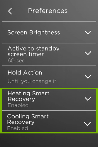 Smart Recovery options highlighted in ecobee preferences.