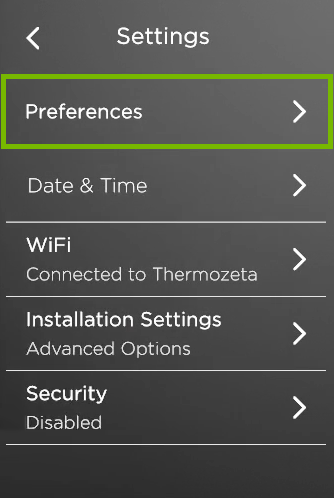 Preferences option highlighted in ecobee settings.