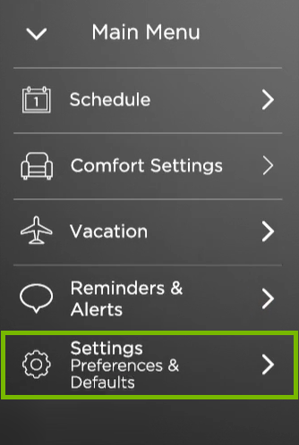 Settings option highlighted in ecobee menu.