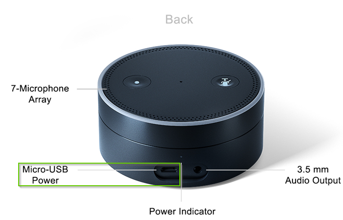 The back of an echo dot showing the micro usb power plug
