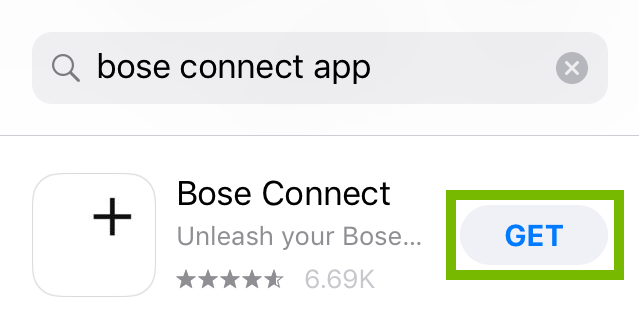 iOS app store showing the Bose Connect app with the get button highlighted.