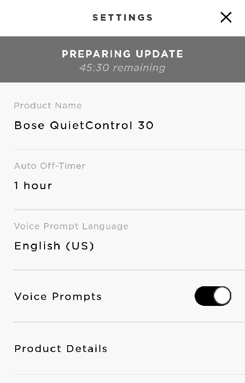 Bose Connect App settings screen.