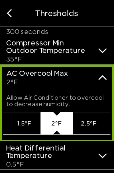 AC Overcool Max option highlighted in ecobee settings.