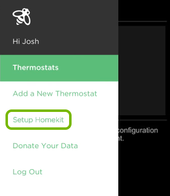 Setup Homekit option highlighted in ecobee app menu.