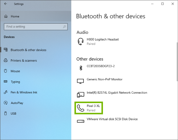 Paired device highlighted