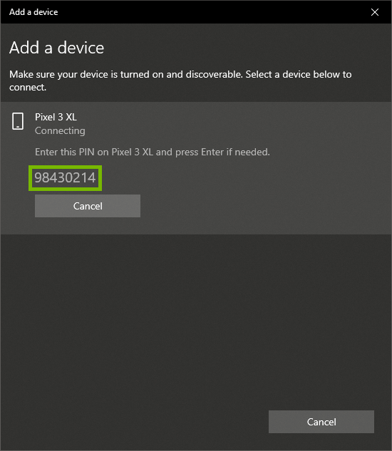 Bluetooth PIN highlighted