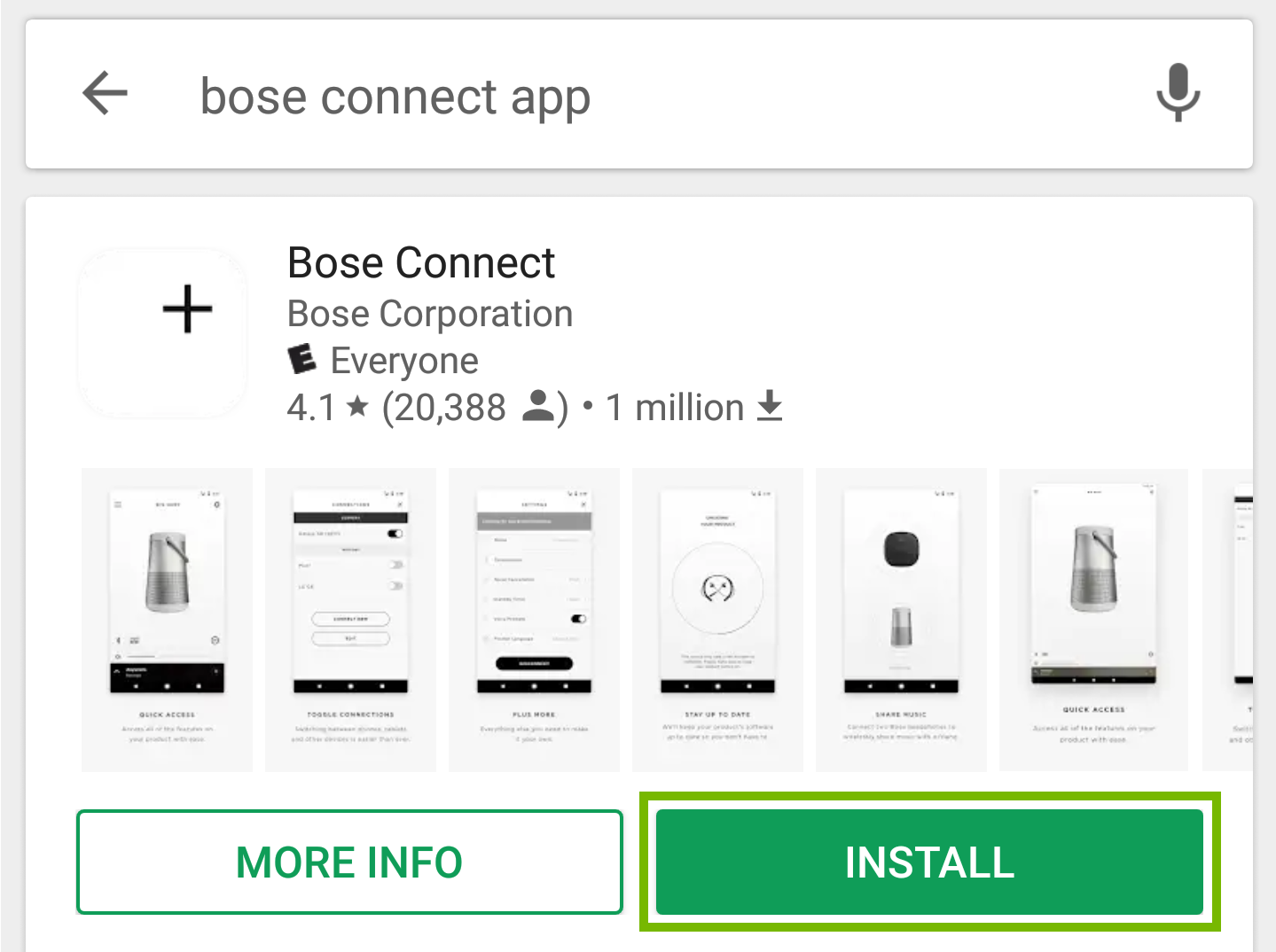 Bose Connect app page with install highlighted.