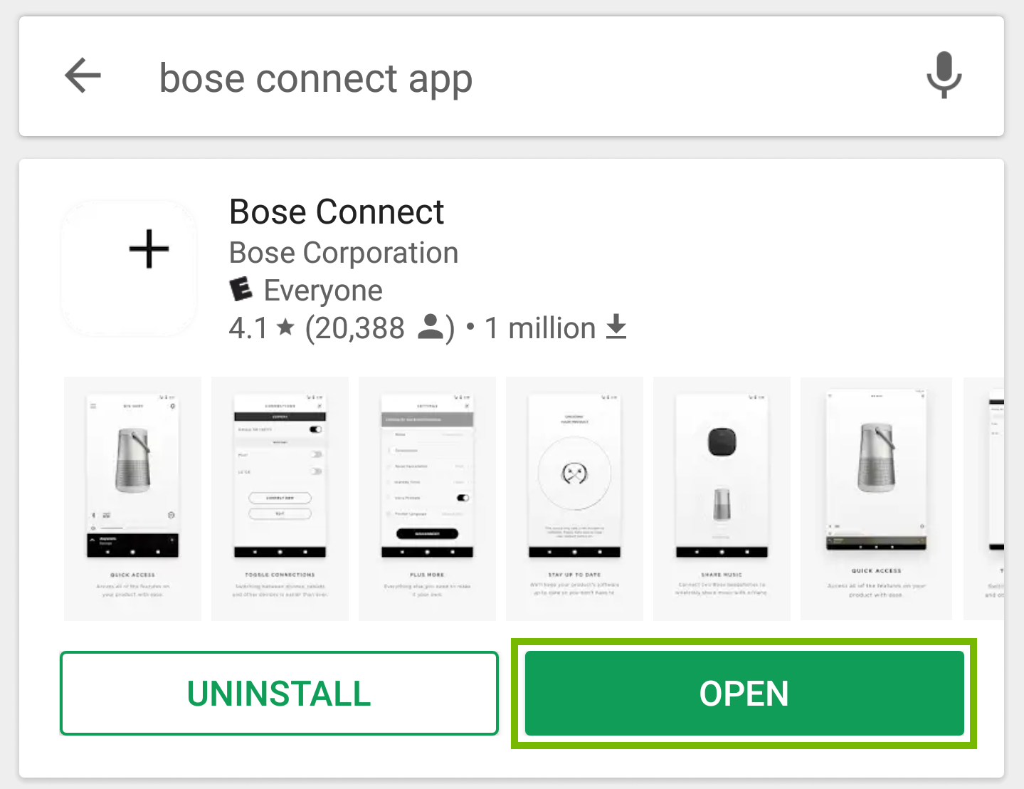 Bose Connect app page with open highlighted.