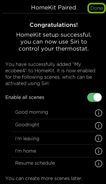 Done option highlighted on congratulation screen in ecobee app.