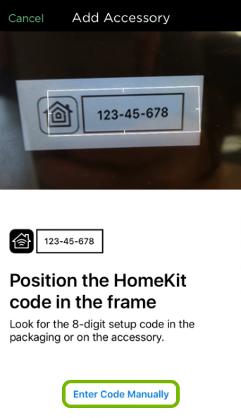 Enter Code Manually option highlighted in HomeKit setup of ecobee app.