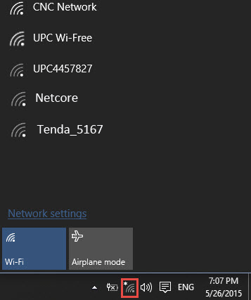 Windows 10 wi-fi icon and a list of networks