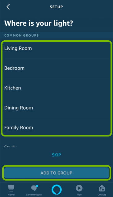 Room names list and Add to Group button highlighted in Alexa app.