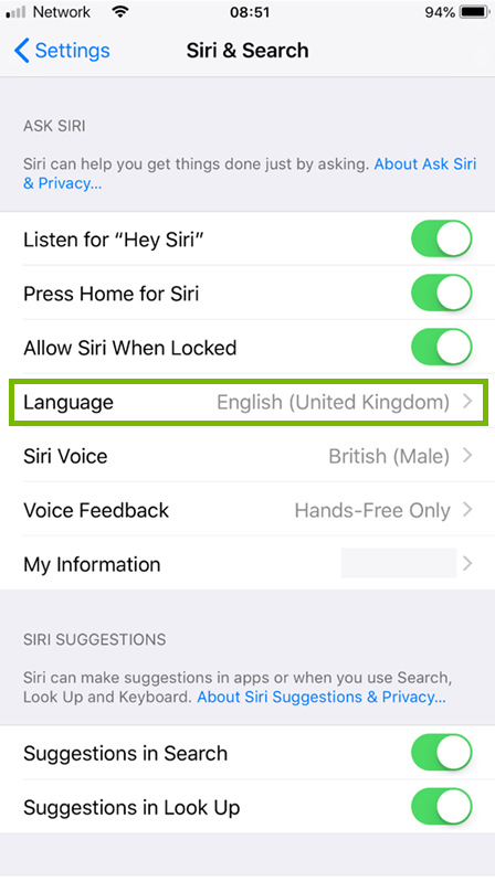 Choosing siri's language