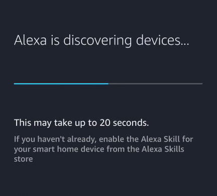 Device discovery waiting screen in Alexa app.