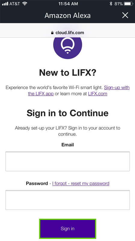 Signing into Lifx account