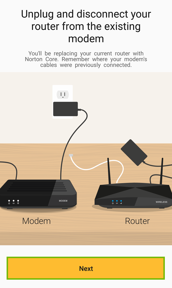Disconnect old router prompt with Next highlighted.