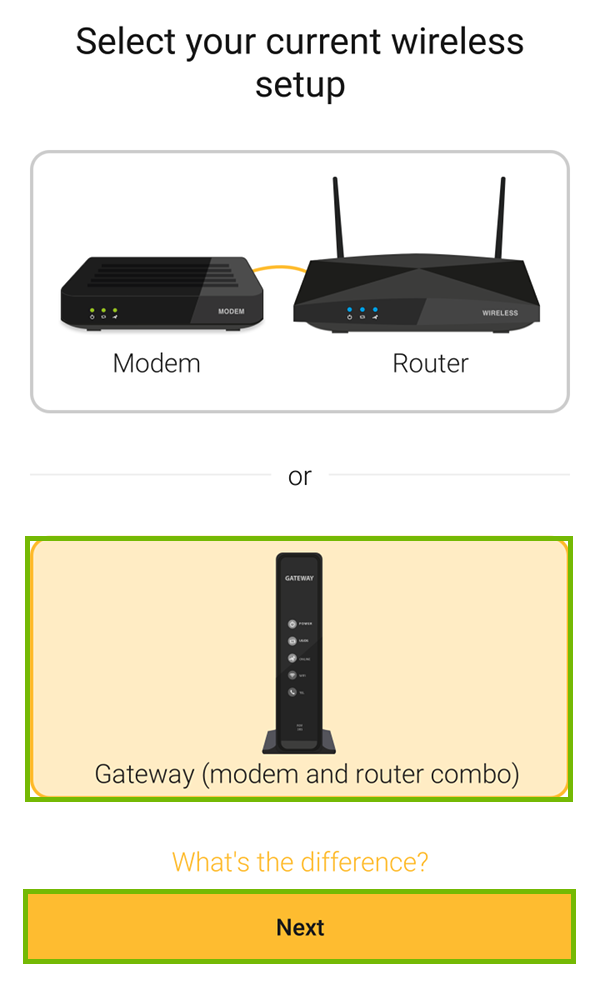 Gateway setup with next highlighted.