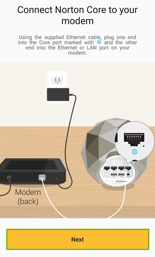 Connect Norton Core router with Next highlighted.