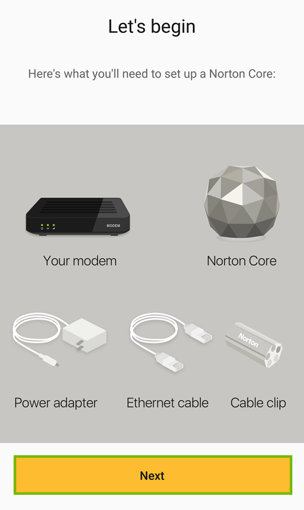 Parts manifest for Norton Core router with Next highlighted.