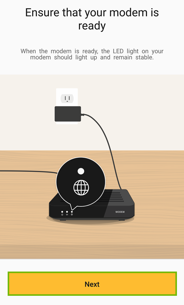 Modem online with Next button highlighted.
