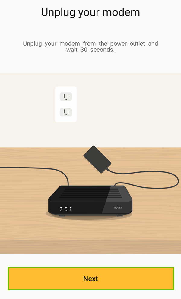 Disconnect modem power with Next highlighted.