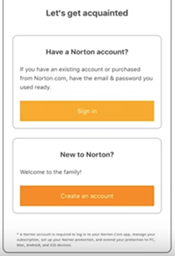 Norton Core requesting account information.
