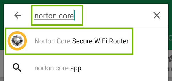 Norton Core search with Norton Core Secure WiFi Router app highlighted.